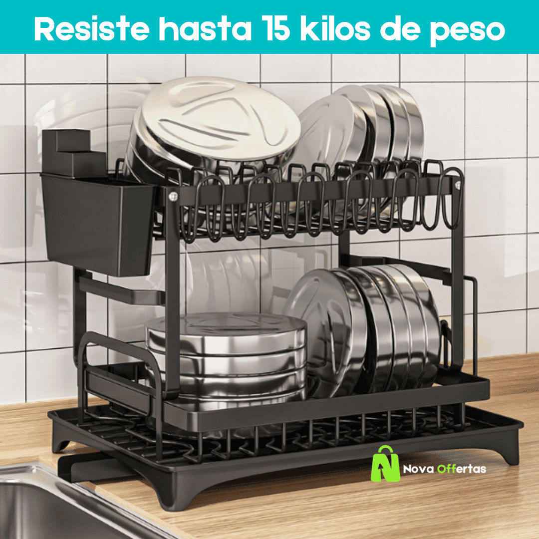 Escurridor de platos 2 niveles con desagüe  DISH BLACK®