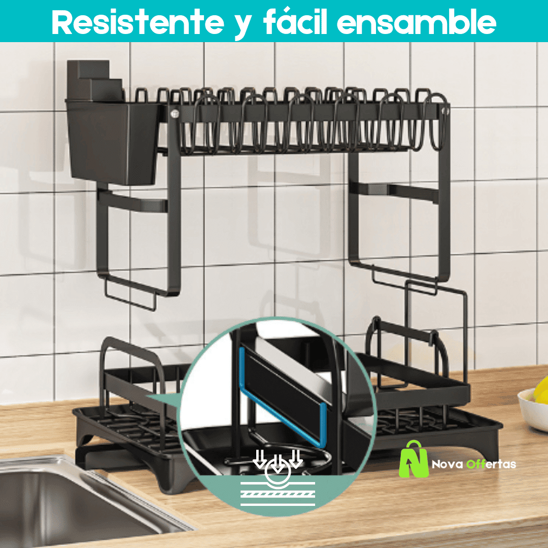 Escurridor de platos 2 niveles con desagüe  DISH BLACK®